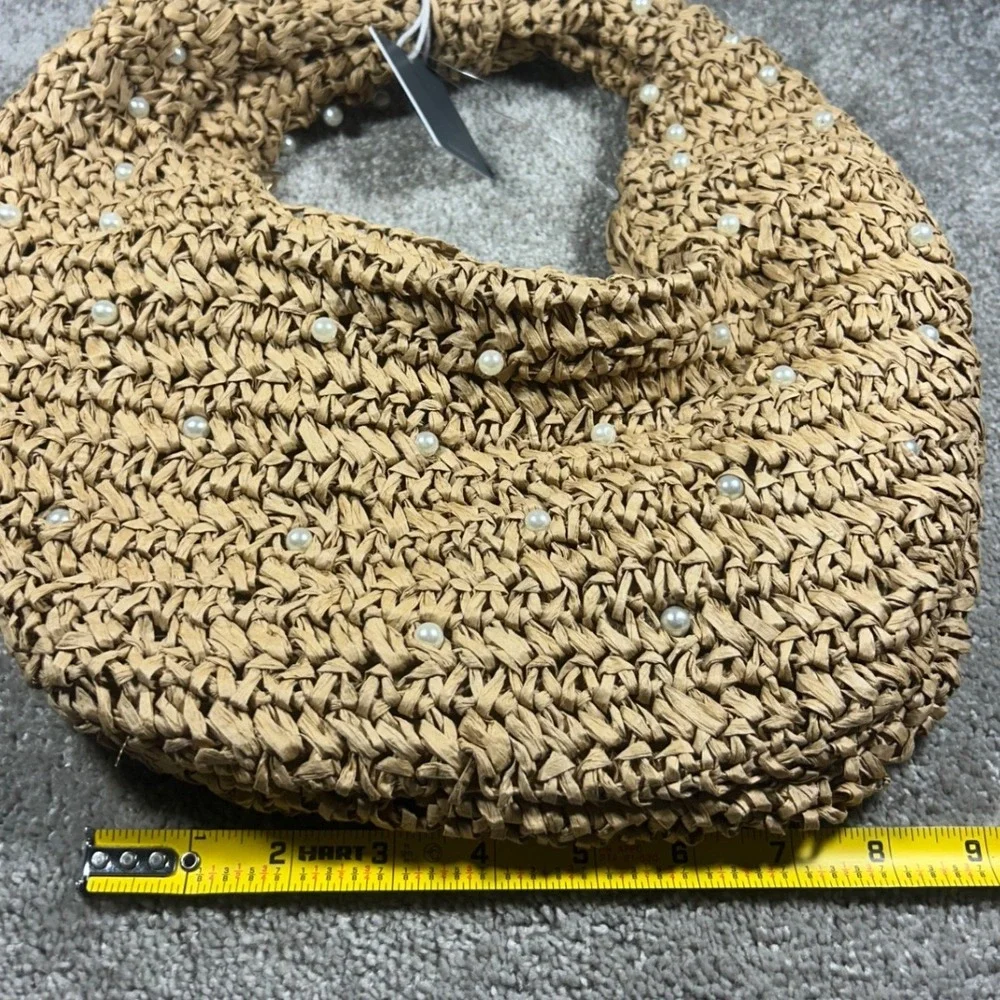 Haute Hippie Hobo Bag Tan Faux Pearl Straw Knotted Handle Women Purse